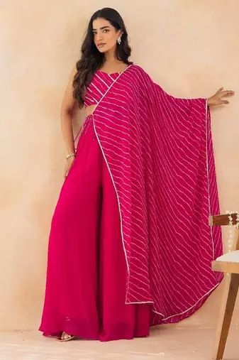 Fuchsia pink leheriya drape cape set with palazzo & choli