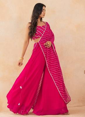 Fuchsia pink leheriya drape cape set with palazzo & choli 3