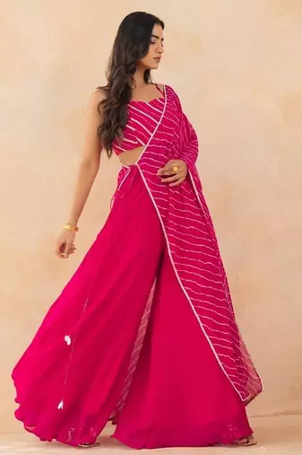 Fuchsia pink leheriya drape cape set with palazzo & choli