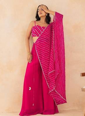 Fuchsia pink leheriya drape cape set with palazzo & choli 4