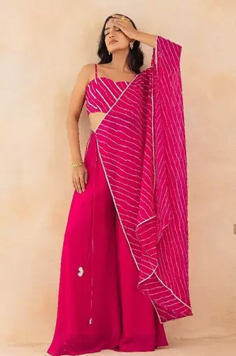 Fuchsia pink leheriya drape cape set with palazzo & choli