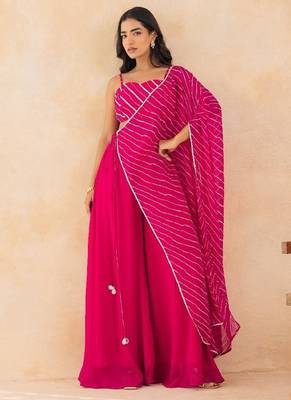 Fuchsia pink leheriya drape cape set with palazzo & choli 5