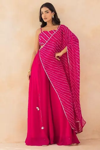 Fuchsia pink leheriya drape cape set with palazzo & choli
