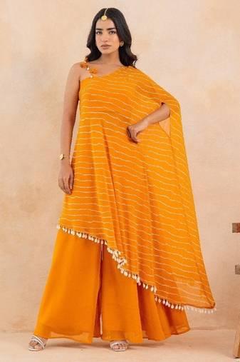 Yellow leheriya one shoulder drape cape set with palazzo & choli