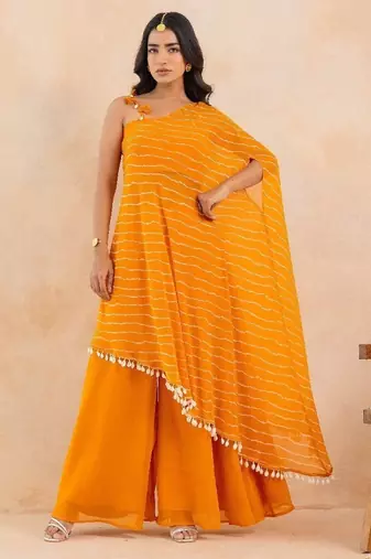 Yellow leheriya one shoulder drape cape set with palazzo & choli