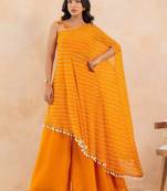 Yellow leheriya one shoulder drape cape set with palazzo & choli