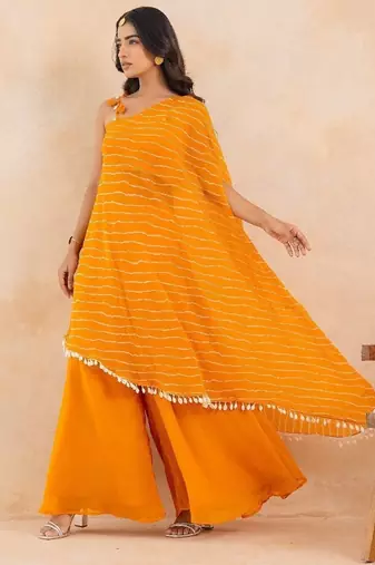 Yellow leheriya one shoulder drape cape set with palazzo & choli