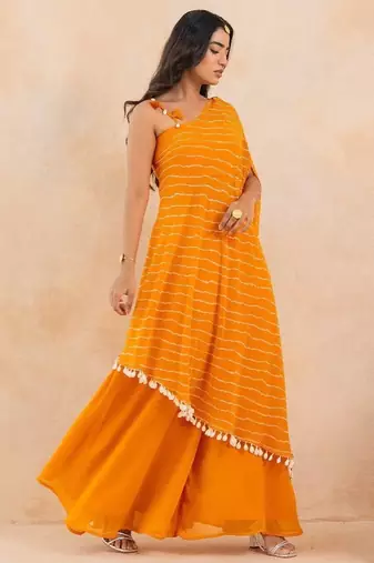 Yellow leheriya one shoulder drape cape set with palazzo & choli