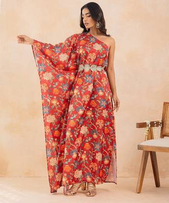 Red floral printed one shoulder kaftan with embellished waist belt 1