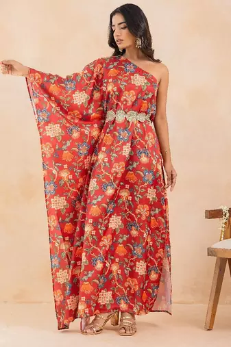 Red floral printed one shoulder kaftan with embellished waist belt