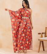 Red floral printed one shoulder kaftan with embellished waist belt
