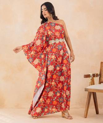 Red floral printed one shoulder kaftan with embellished waist belt 2