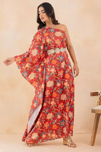Red floral printed one shoulder kaftan with embellished waist belt