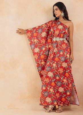 Red floral printed one shoulder kaftan with embellished waist belt 3