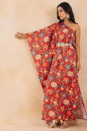 Red floral printed one shoulder kaftan with embellished waist belt