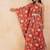 Red floral printed one shoulder kaftan with embellished waist belt