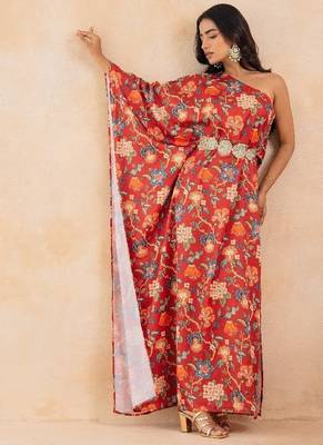 Red floral printed one shoulder kaftan with embellished waist belt 4