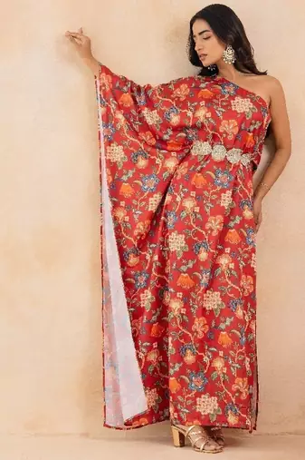 Red floral printed one shoulder kaftan with embellished waist belt