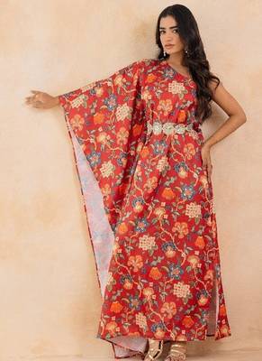 Red floral printed one shoulder kaftan with embellished waist belt 5
