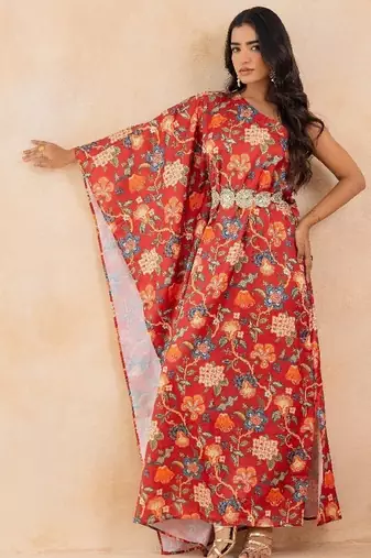 Red floral printed one shoulder kaftan with embellished waist belt