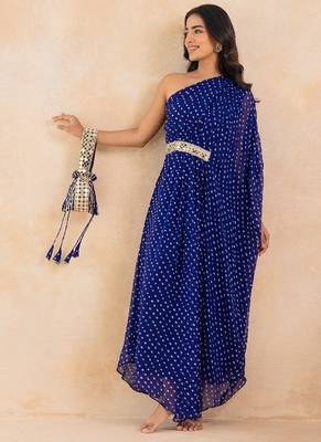 Blue bandhej one shoulder kaftan with mirror embellished waist belt 1