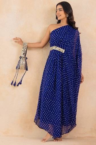 Blue bandhej one shoulder kaftan with mirror embellished waist belt
