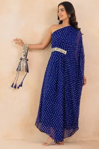Blue bandhej one shoulder kaftan with mirror embellished waist belt