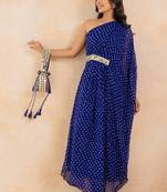 Blue bandhej one shoulder kaftan with mirror embellished waist belt