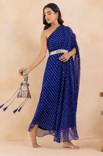 Blue bandhej one shoulder kaftan with mirror embellished waist belt