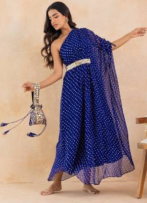 Blue bandhej one shoulder kaftan with mirror embellished waist belt 3