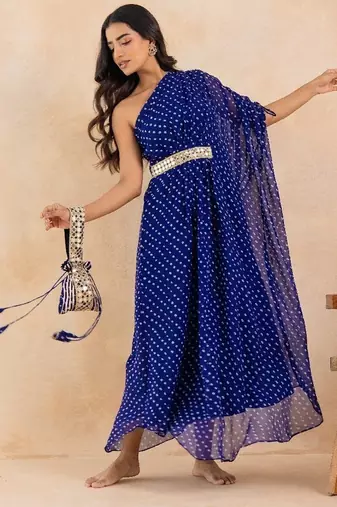 Blue bandhej one shoulder kaftan with mirror embellished waist belt