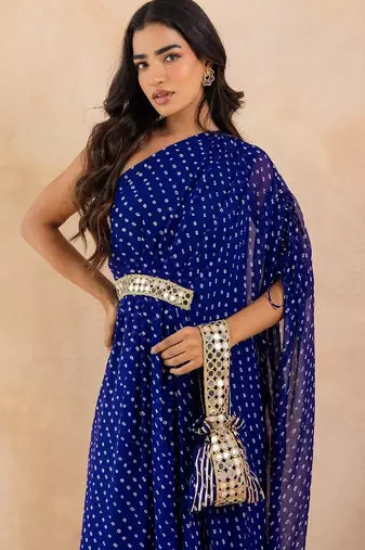 Blue bandhej one shoulder kaftan with mirror embellished waist belt
