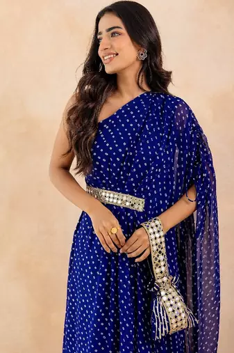 Blue bandhej one shoulder kaftan with mirror embellished waist belt
