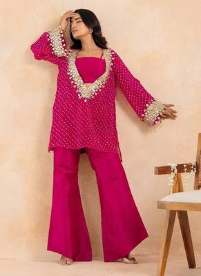 Rani pink bandhej mirror embroidered kurta set 1
