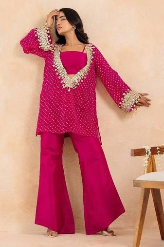 Rani pink bandhej mirror embroidered kurta set