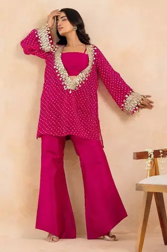 Rani pink bandhej mirror embroidered kurta set