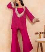 Rani pink bandhej mirror embroidered kurta set