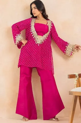 Rani pink bandhej mirror embroidered kurta set