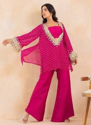 Rani pink bandhej mirror embroidered kurta set 3