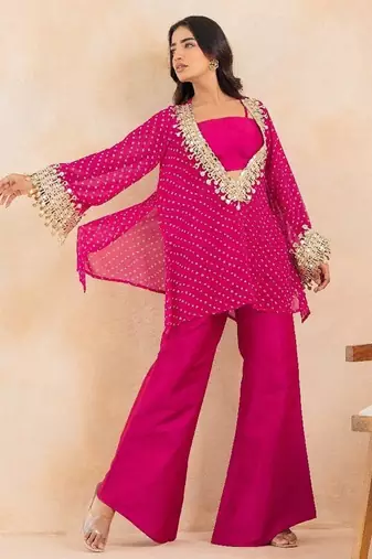 Rani pink bandhej mirror embroidered kurta set