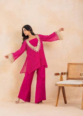 Rani pink bandhej mirror embroidered kurta set 4