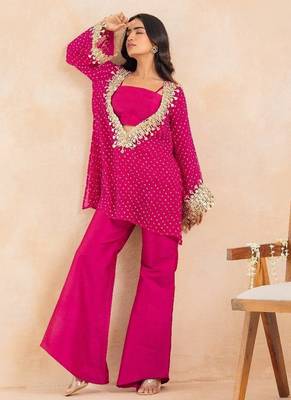 Rani pink bandhej mirror embroidered kurta set 5
