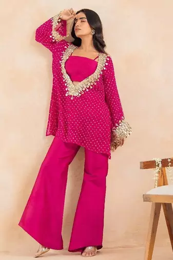 Rani pink bandhej mirror embroidered kurta set