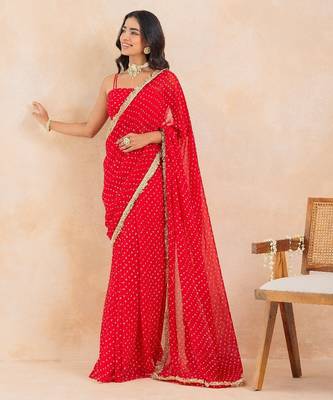 red bandhej pre-draped saree set 1