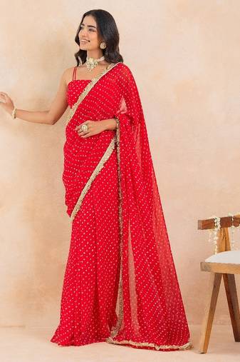 Red bandhej pre-draped saree set