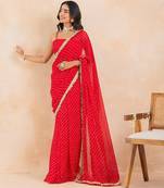 Red bandhej pre-draped saree set