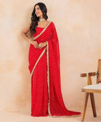 red bandhej pre-draped saree set 2