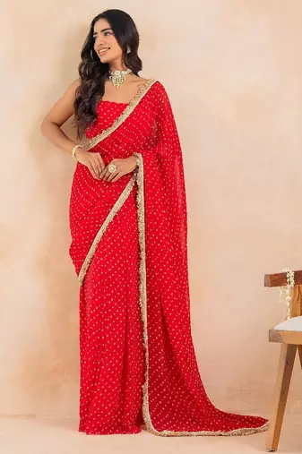 Red bandhej pre-draped saree set