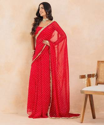 red bandhej pre-draped saree set 3