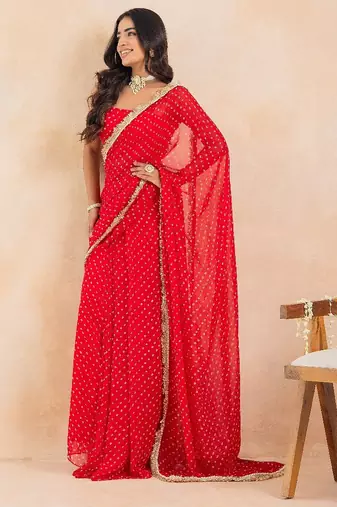 Red bandhej pre-draped saree set